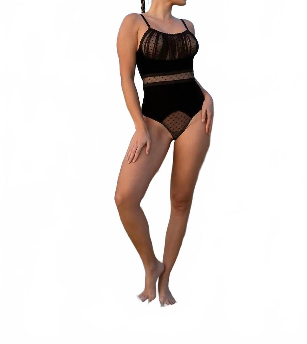 NEW CAROL COELHO velvet polka dot ruched bodysuit in black